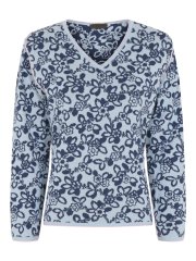 Lundgaard strik bluse med v-hals - Jacquard - Blomster blå